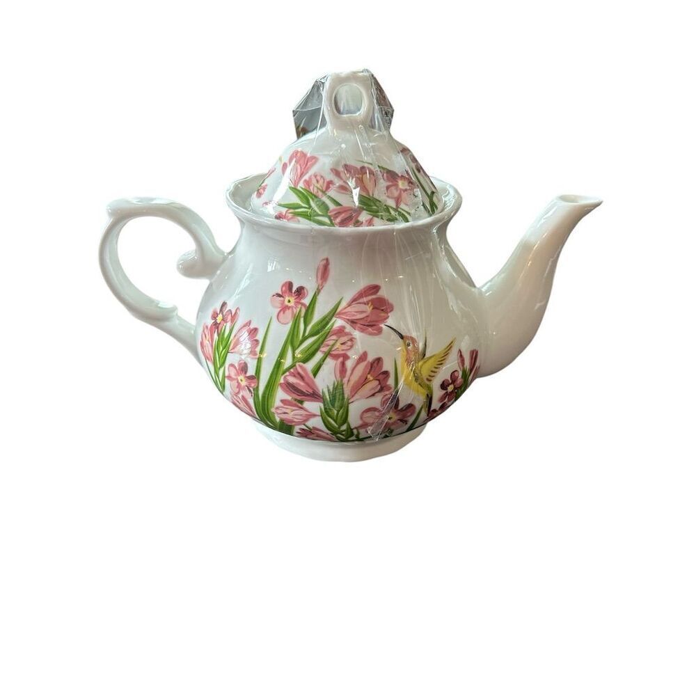 Vintage Porcelain Teapot Hummingbird Pink Floral‎ Design Lidded
